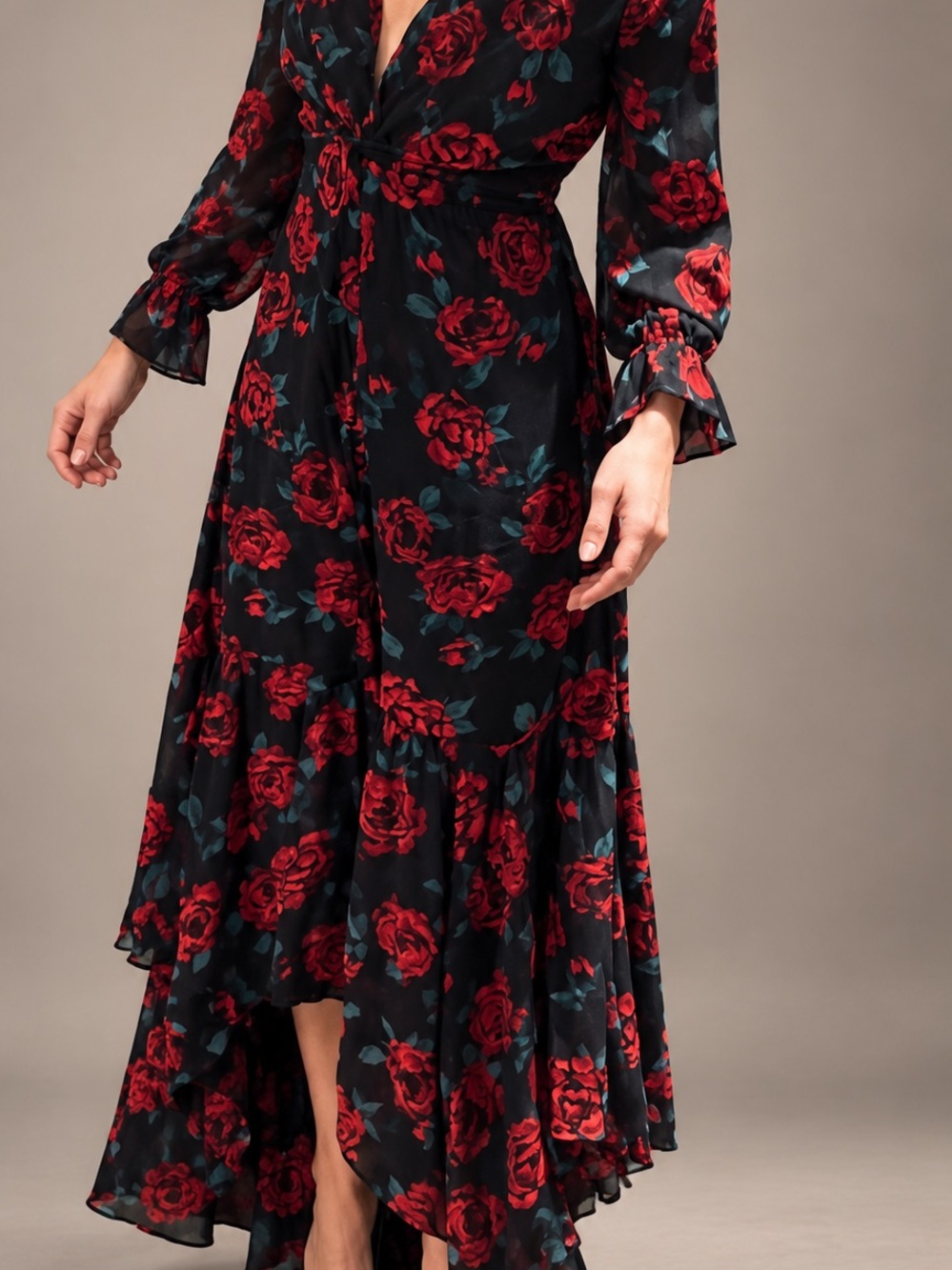 Vici Black Floral Red Rose High-Low Maxi Dress